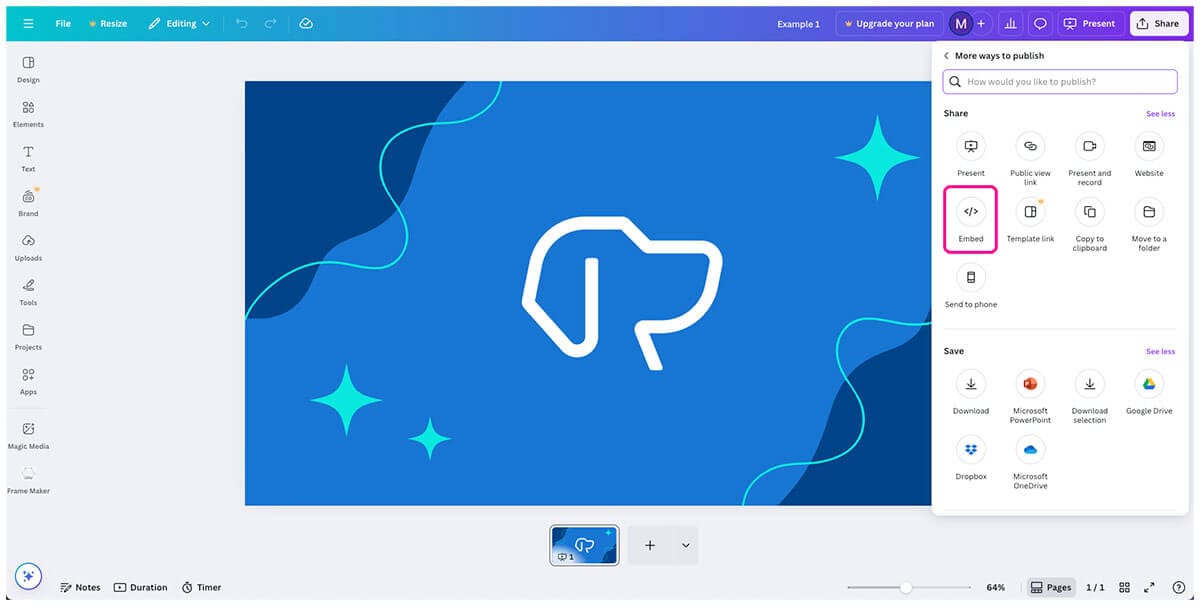 Canva interface with the embed button highlighted