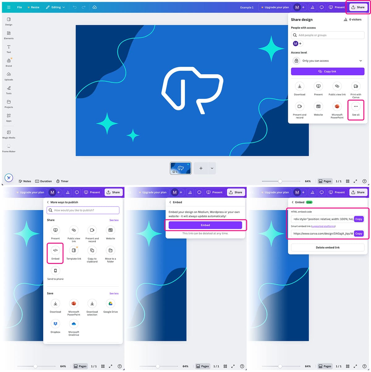 Canva interface with the steps to embed a design highlighted