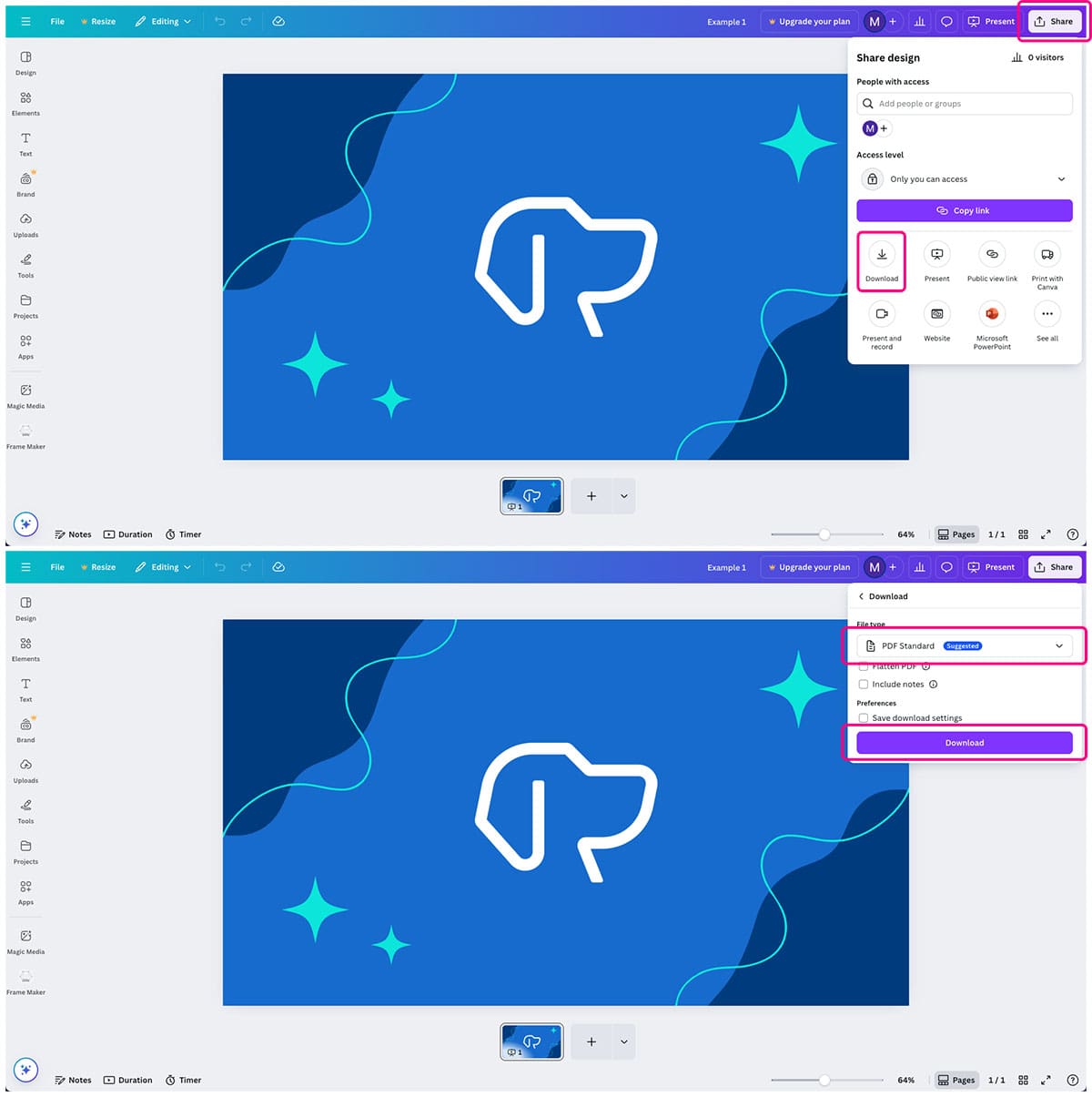 Canva interface with the steps to download a PDF highlighted