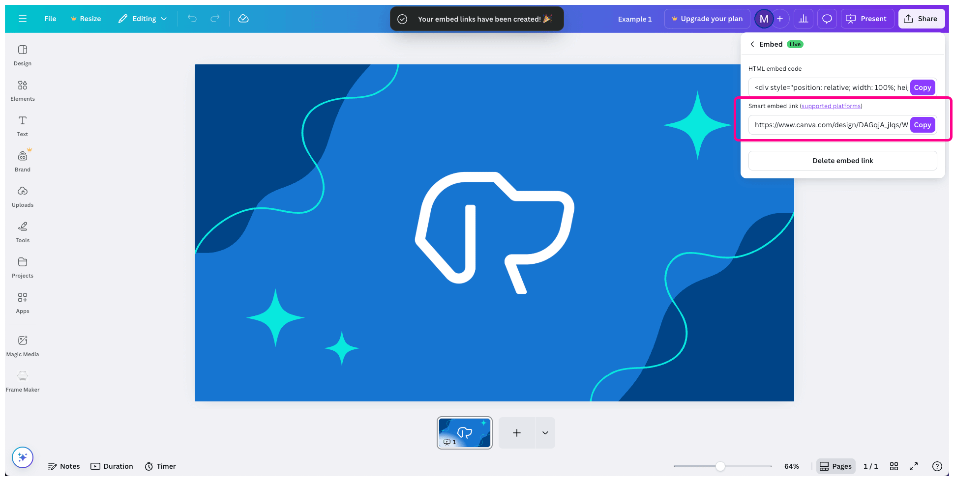 Canva interface with the smart embed link highlighted