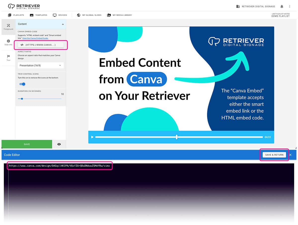 Retriever interface with the Canva Embed Code field highlighted