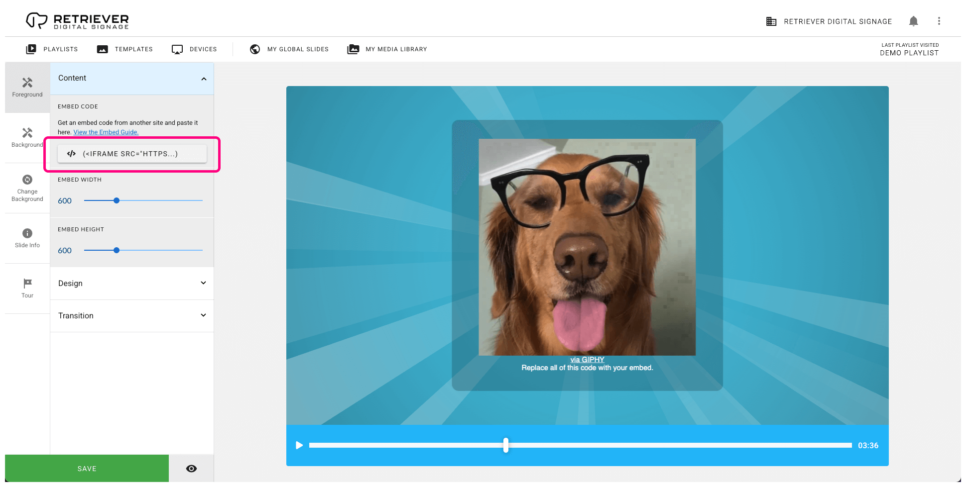 Screen shot showing the Retriever interface with the embed field highlighted