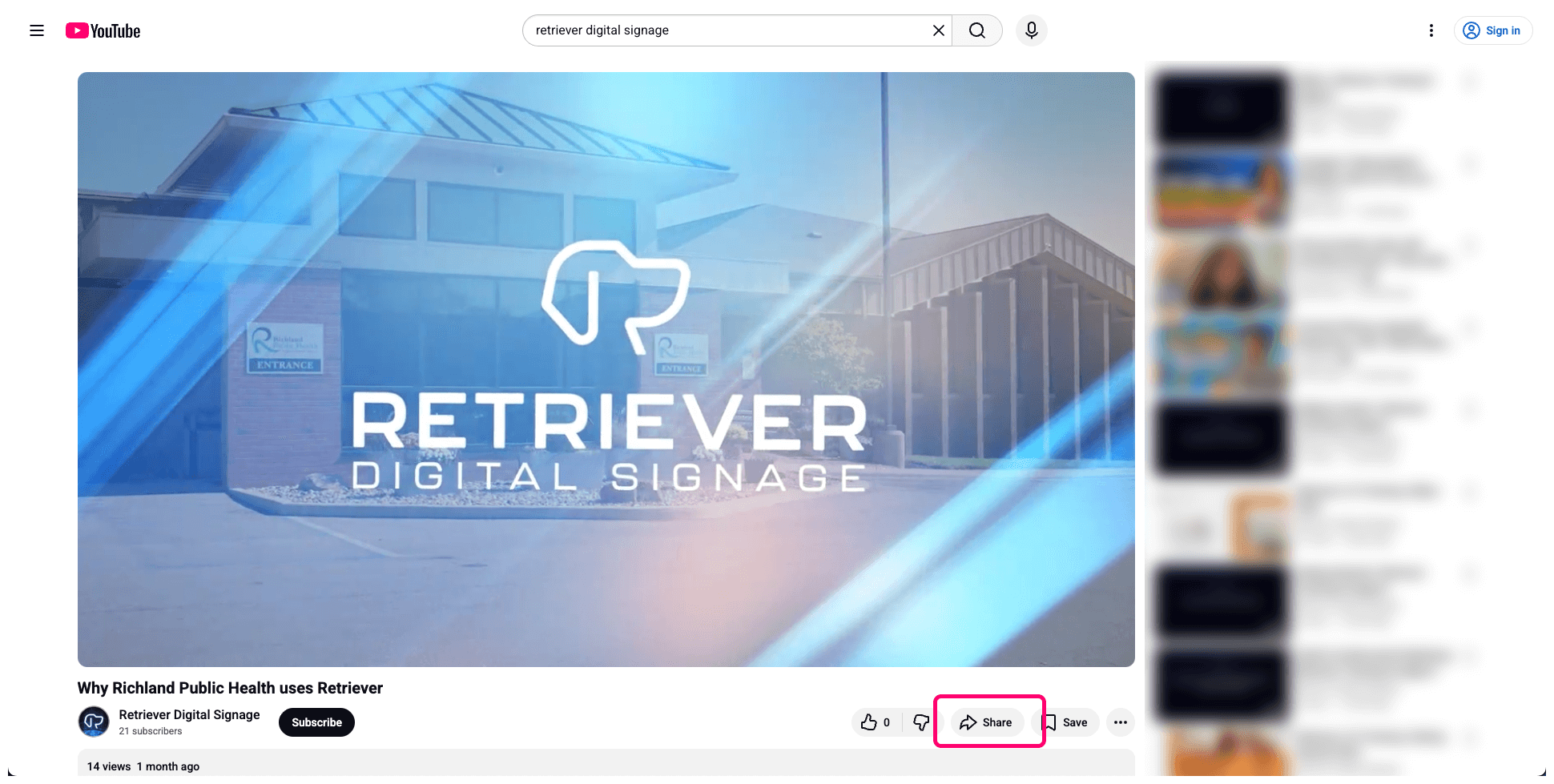 Screen shot showing a YouTube video with the “Share” button highlighted