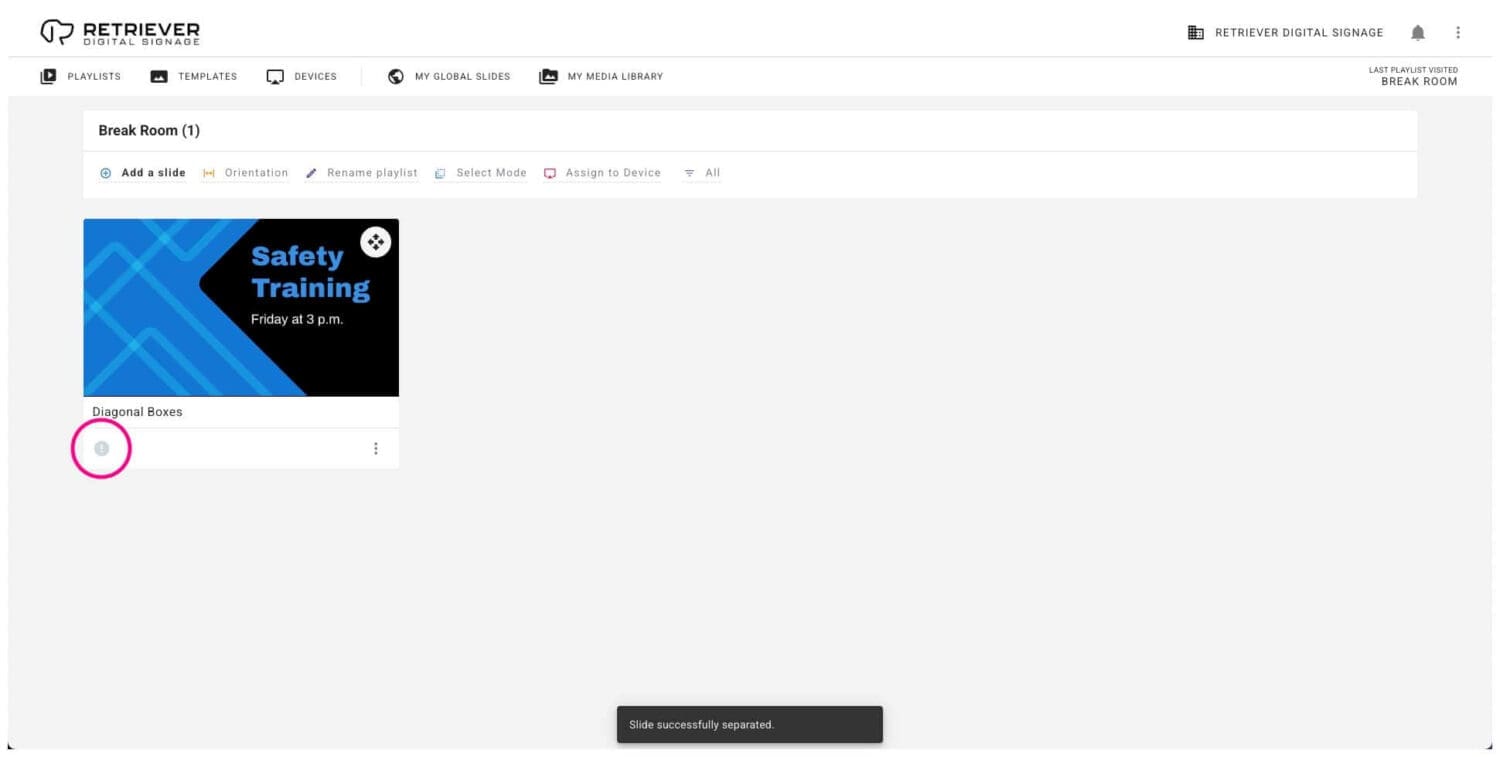Screenshot of the Retriever interface showing a slide that has just been separated from a global slide.